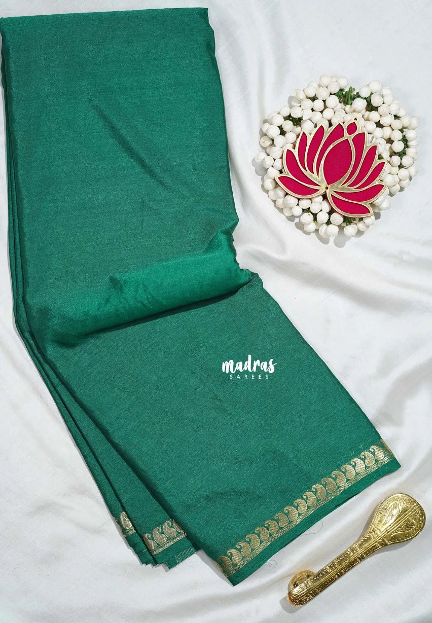 Green - Avantika - Semi Mysore Silk Saree with Small Mango Border - Perfect for Regular Wear | Office Wear
