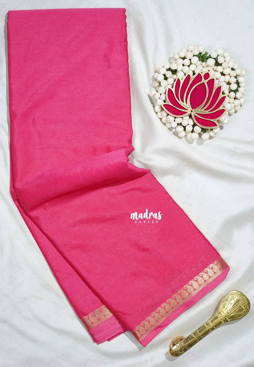Rose Pink - Avantika - Semi Mysore Silk Saree with Small Mango Border - Perfect for Regular Wear | Office Wear