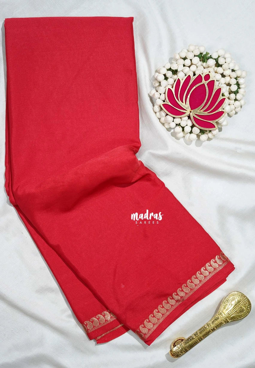 Tomato Red - Avantika - Semi Mysore Silk Saree with Small Mango Border - Perfect for Regular Wear | Office Wear