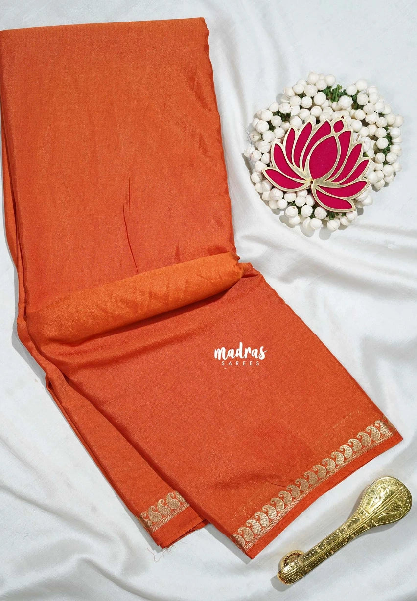 Rust Orange - Avantika - Semi Mysore Silk Saree with Small Mango Border - Perfect for Regular Wear | Office Wear