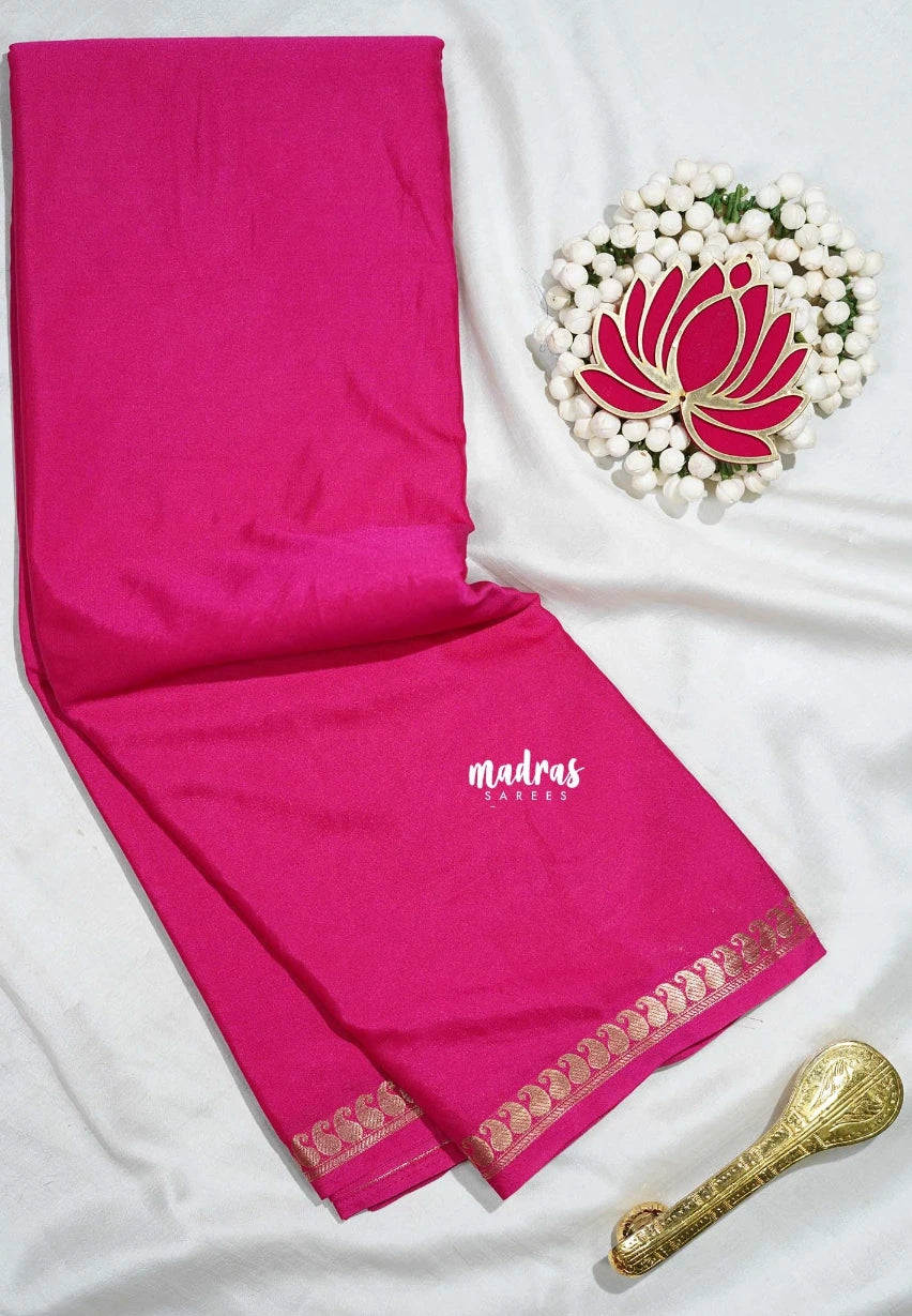 Fuchsia Pink - Avantika - Semi Mysore Silk Saree with Small Mango Border - Perfect for Regular Wear | Office Wear