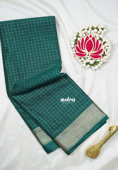 Dark Green - Avantika - Semi Mysore Silk Saree with Checks Weaving and Zari Border - Perfect for Small Functions