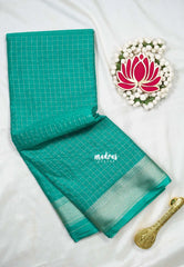 Aqua Green - Avantika - Semi Mysore Silk Saree with Checks Weaving and Zari Border - Perfect for Small Functions