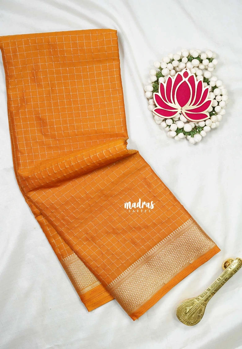 Mustard Yellow - Avantika - Semi Mysore Silk Saree with Checks Weaving and Zari Border - Perfect for Small Functions