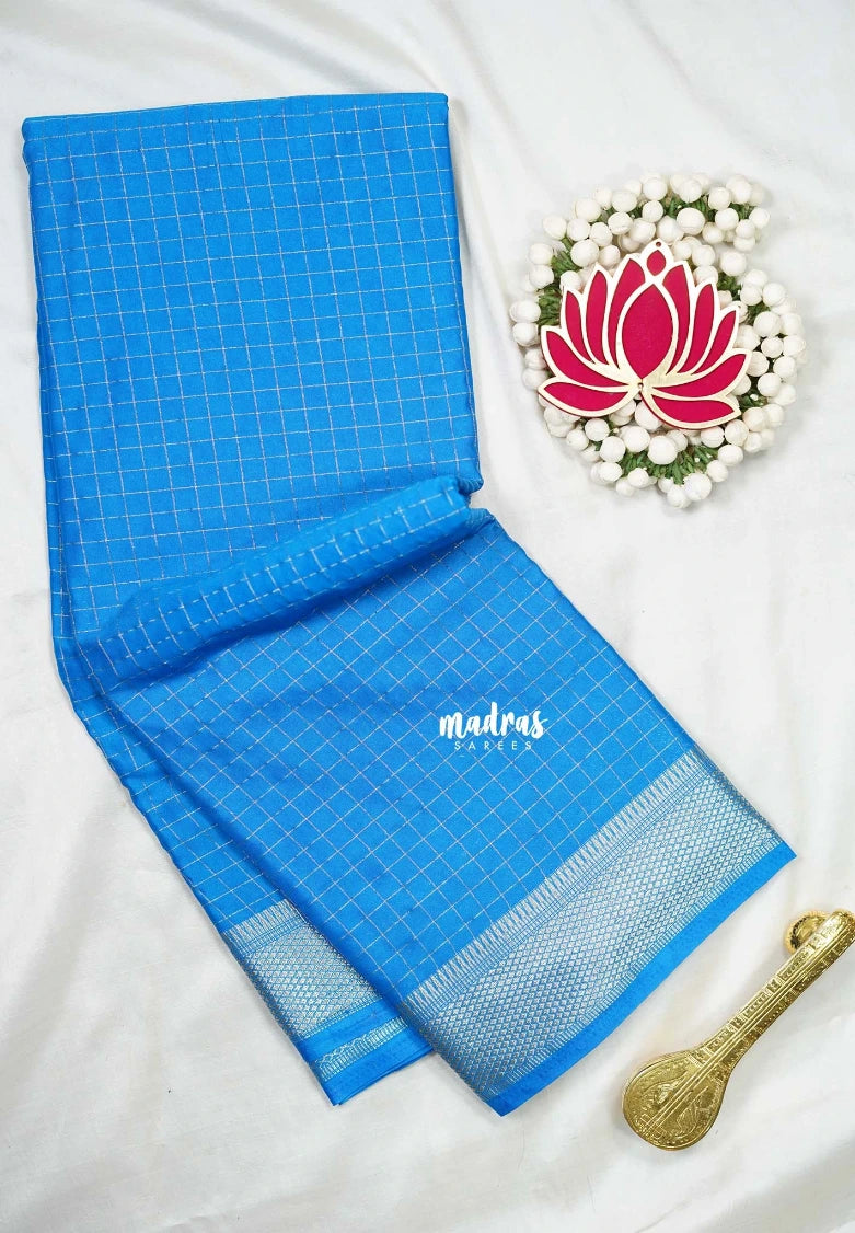 Soap Blue - Avantika - Semi Mysore Silk Saree with Checks Weaving and Zari Border - Perfect for Small Functions