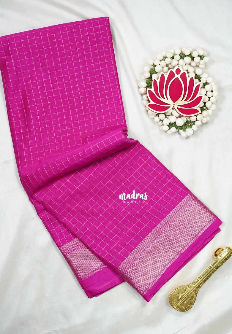 Fuchsia Pink - Avantika - Semi Mysore Silk Saree with Checks Weaving and Zari Border - Perfect for Small Functions