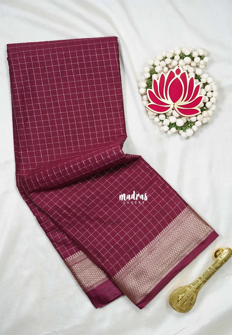 Winered - Avantika - Semi Mysore Silk Saree with Checks Weaving and Zari Border - Perfect for Small Functions