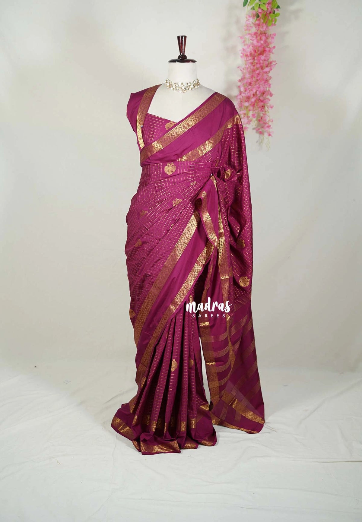 Mulberry Purple-Rettapet - Avantika - Semi Mysore Silk Saree with Checks Weaving Rettapet Border - Perfect for Pooja Functions