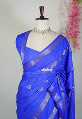 Bright Royal Blue-Rettapet - Avantika - Semi Mysore Silk Saree with Checks Weaving Rettapet Border - Perfect for Pooja Functions