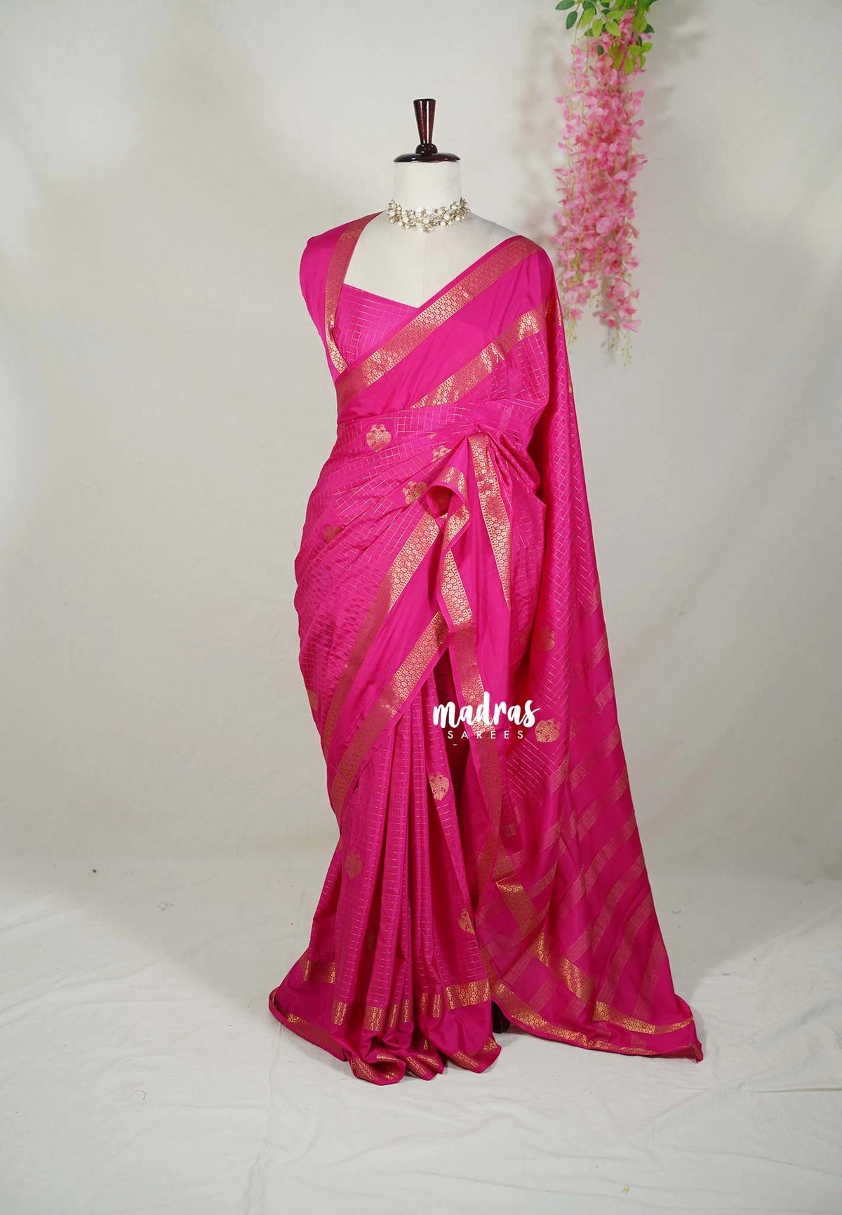 Queen's Pink-Rettapet - Avantika - Semi Mysore Silk Saree with Checks Weaving Rettapet Border - Perfect for Pooja Functions