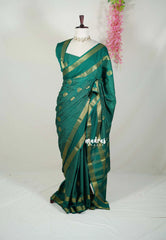 Classic Green-Rettapet - Avantika - Semi Mysore Silk Saree with Checks Weaving Rettapet Border - Perfect for Pooja Functions