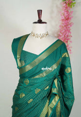 Classic Green-Rettapet - Avantika - Semi Mysore Silk Saree with Checks Weaving Rettapet Border - Perfect for Pooja Functions