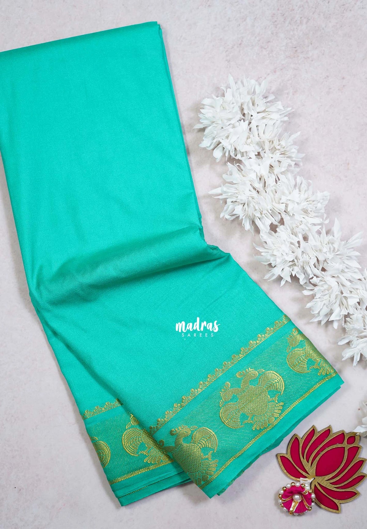 Aqua Green - Avantika - Semi Mysore Silk Saree with Gandaberunda Border - Perfect for Small Functions