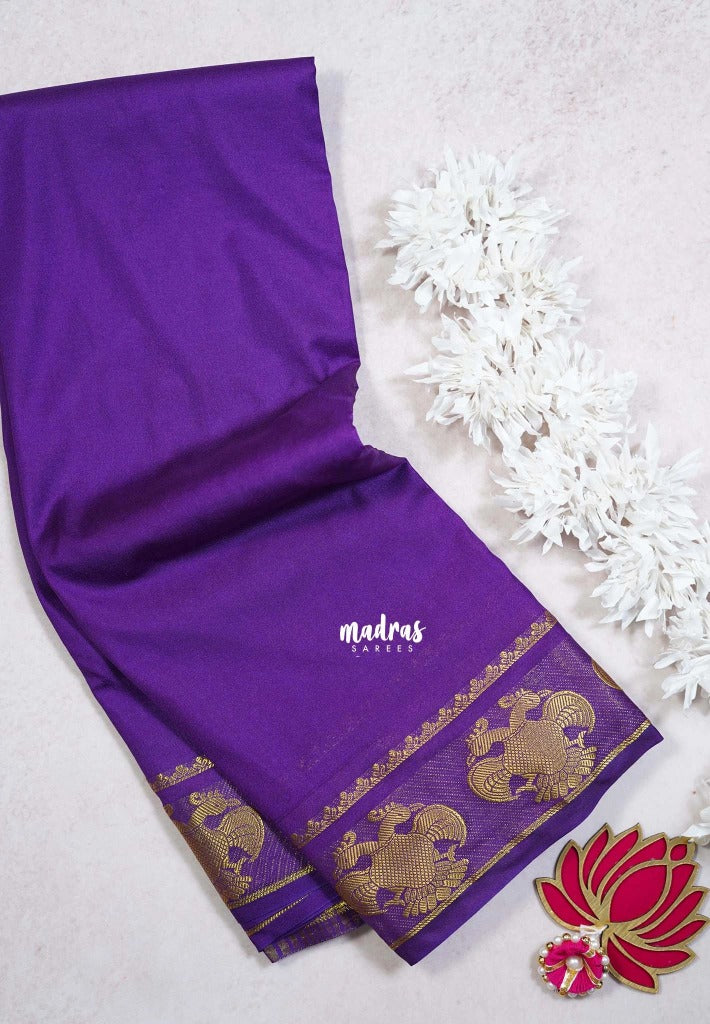 Royal Purple - Avantika - Semi Mysore Silk Saree with Gandaberunda Border - Perfect for Small Functions