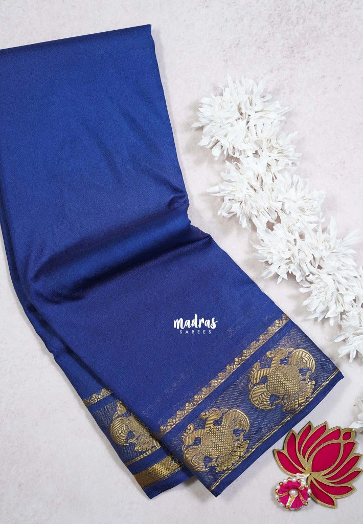 Navy Blue - Avantika - Semi Mysore Silk Saree with Gandaberunda Border - Perfect for Small Functions