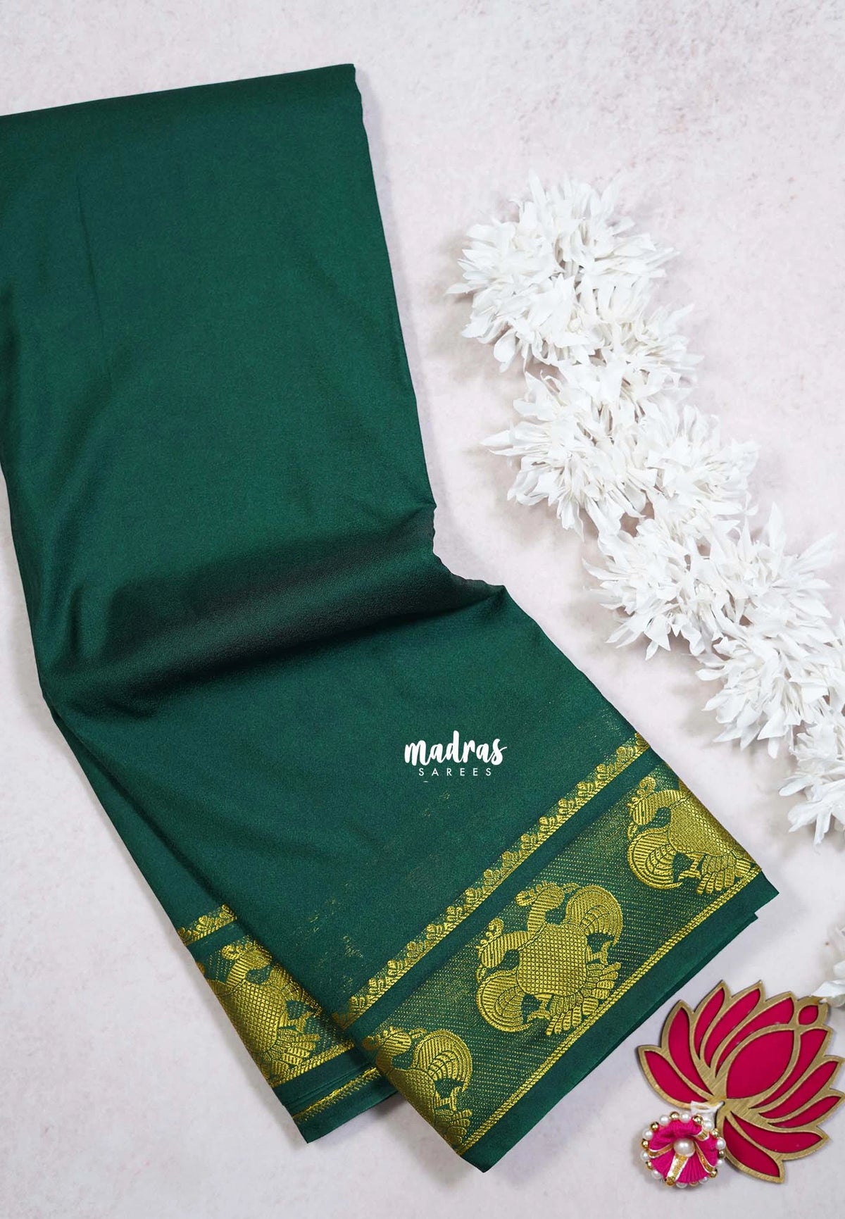 Bottle Green - Avantika - Semi Mysore Silk Saree with Gandaberunda Border - Perfect for Small Functions