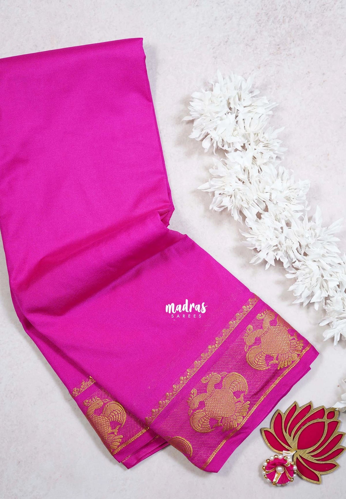 Fuchsia Pink - Avantika - Semi Mysore Silk Saree with Gandaberunda Border - Perfect for Small Functions