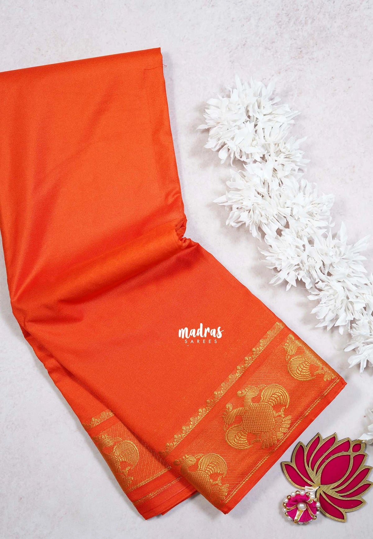 Sunset Orange - Avantika - Semi Mysore Silk Saree with Gandaberunda Border - Perfect for Small Functions