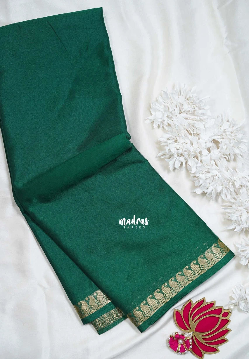 Emerald Green with Leaf - Avantika - Semi Mysore Silk Saree with Small Mango and Leaf Border - Perfect for Small Functions