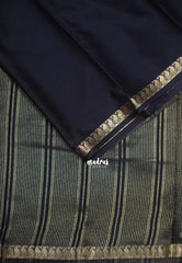 Jet Black with Leaf - Avantika - Semi Mysore Silk Saree with Small Mango and Leaf Border - Perfect for Small Functions