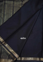 Jet Black with Leaf - Avantika - Semi Mysore Silk Saree with Small Mango and Leaf Border - Perfect for Small Functions