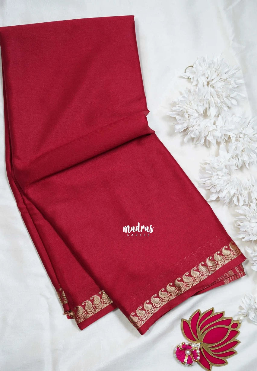 Reddish Maroon with Leaf - Avantika - Semi Mysore Silk Saree with Small Mango and Leaf Border - Perfect for Small Functions