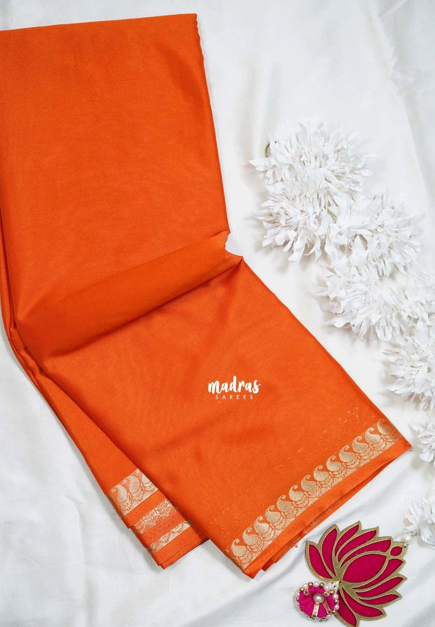 Sunset Orange with Leaf - Avantika - Semi Mysore Silk Saree with Small Mango and Leaf Border - Perfect for Small Functions