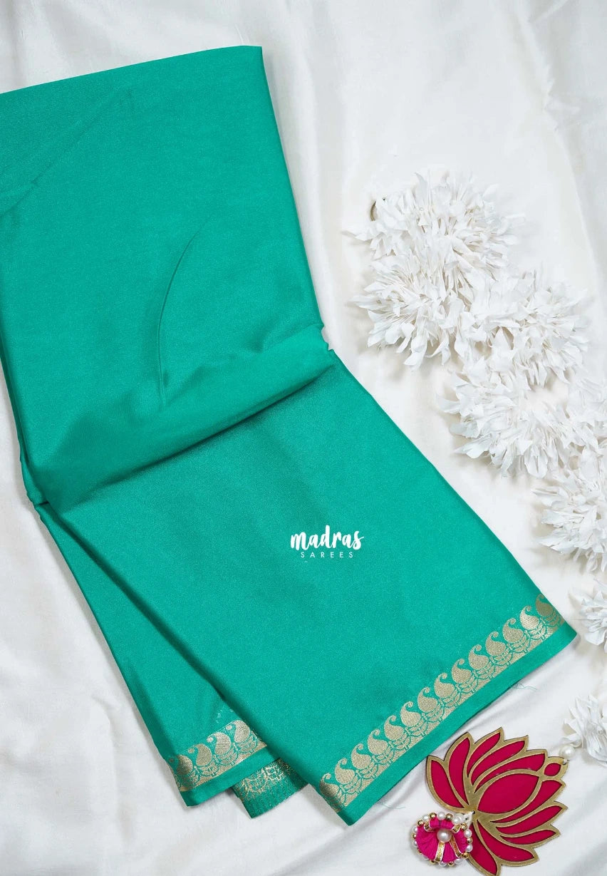 Aqua Green with Leaf - Avantika - Semi Mysore Silk Saree with Small Mango and Leaf Border - Perfect for Small Functions