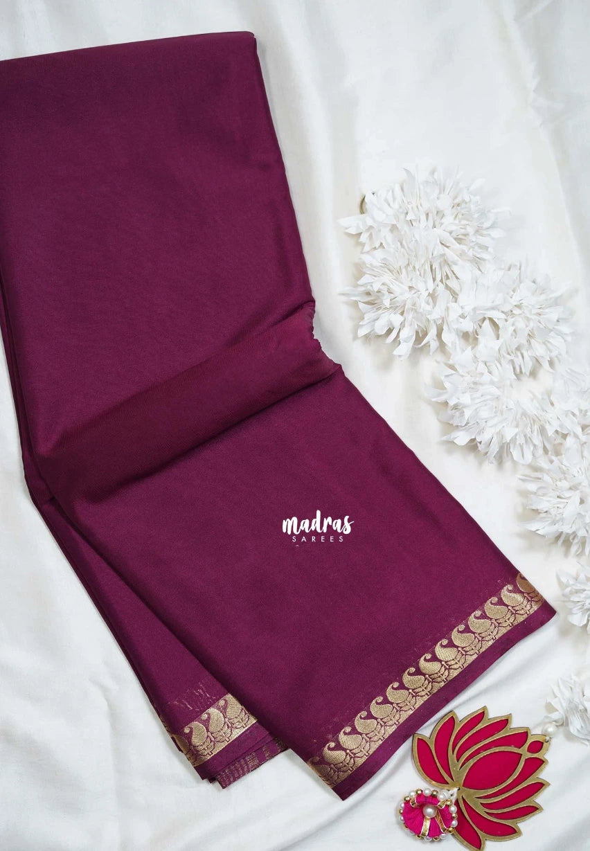 Mulberry Purple with Leaf - Avantika - Semi Mysore Silk Saree with Small Mango and Leaf Border - Perfect for Small Functions