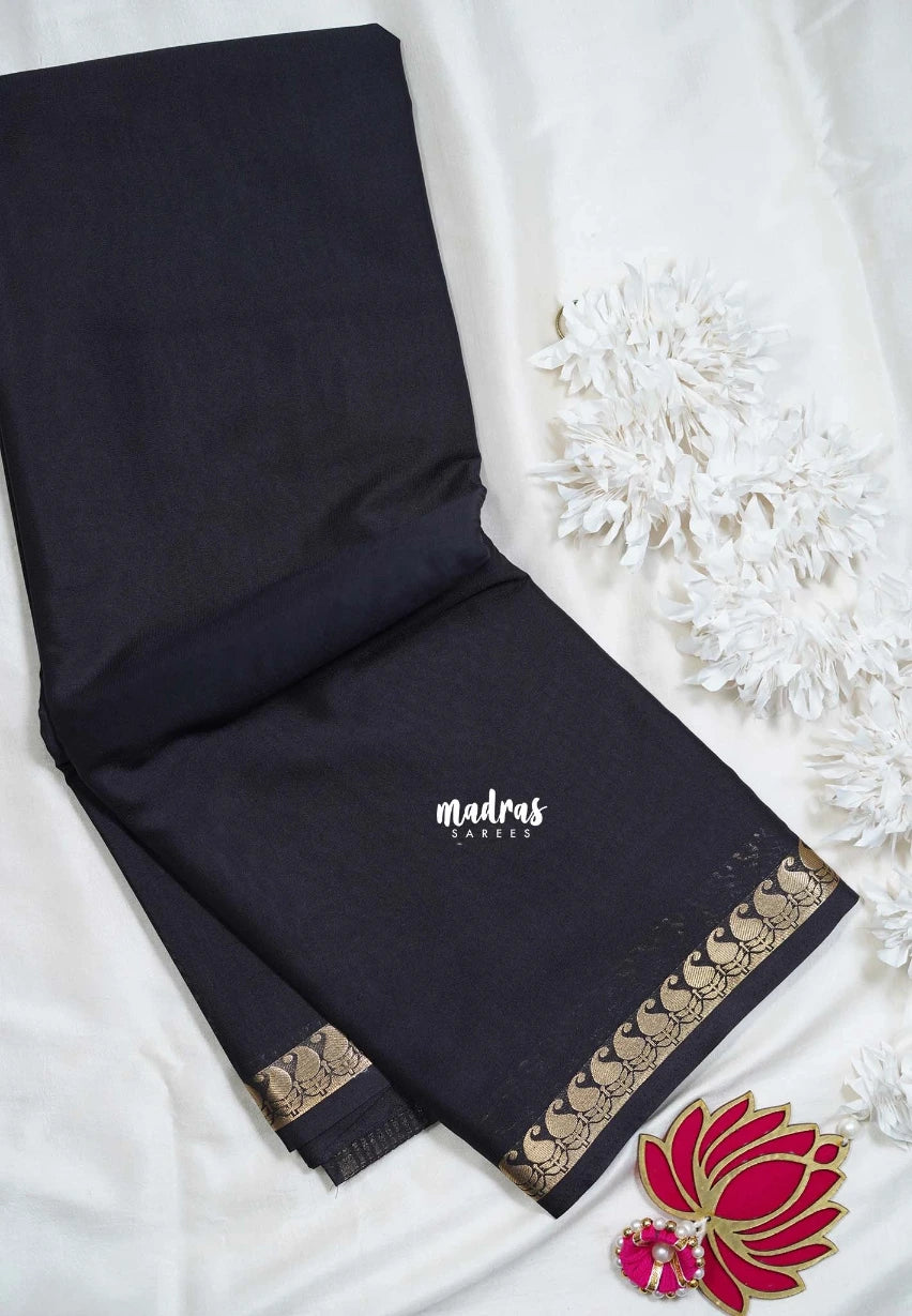 Jet Black with Leaf - Avantika - Semi Mysore Silk Saree with Small Mango and Leaf Border - Perfect for Small Functions