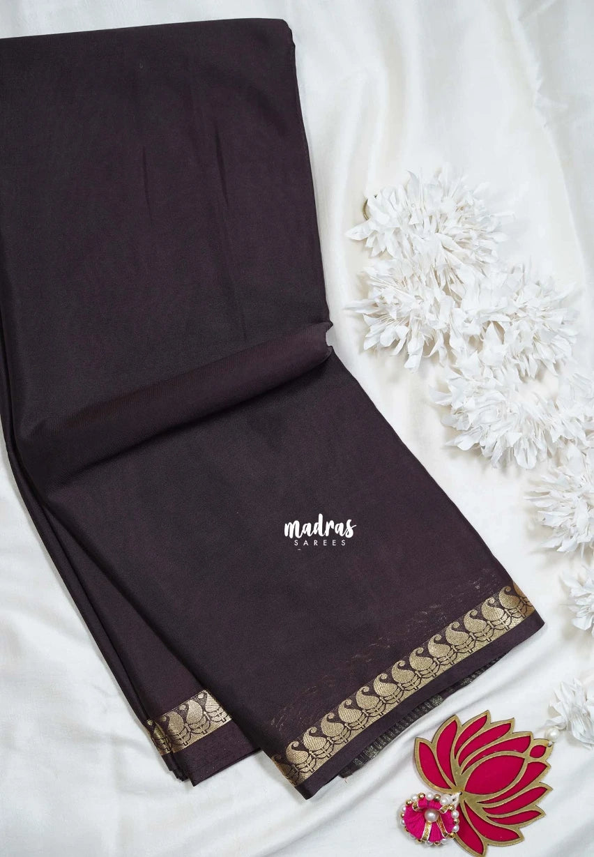 Dark Chocolate Brown with Leaf - Avantika - Semi Mysore Silk Saree with Small Mango and Leaf Border - Perfect for Small Functions