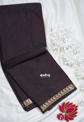 Dark Chocolate Brown with Leaf - Avantika - Semi Mysore Silk Saree with Small Mango and Leaf Border - Perfect for Small Functions