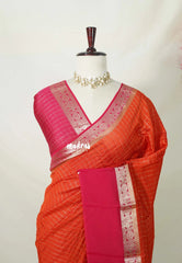 Sunset Orange - Avantika - Semi Mysore Silk Saree Checks with Skirt Border - Perfect for Wedding Functions