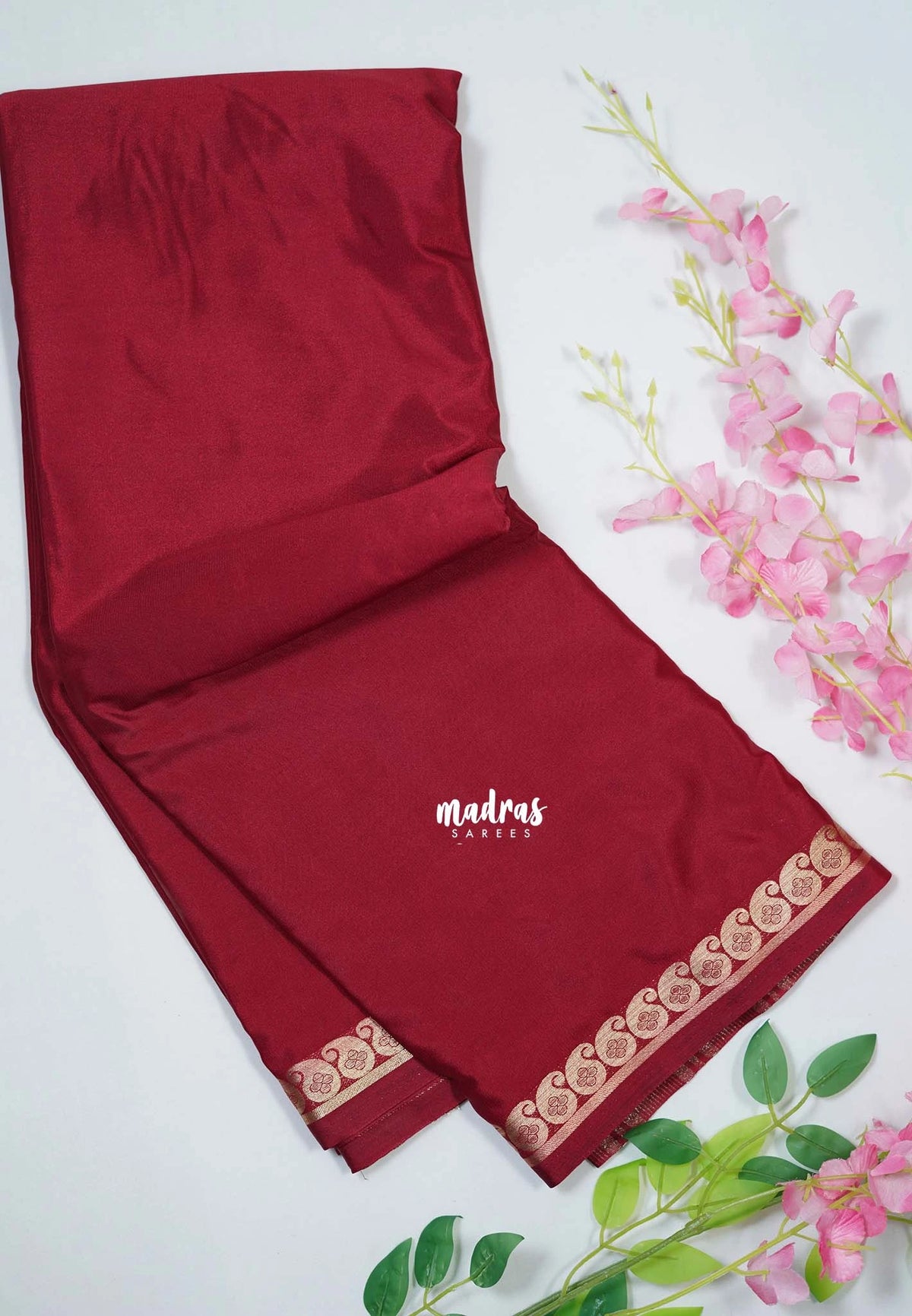 Reddish Maroon - Avantika - Semi Mysore Silk Saree with Small Mango Border - Perfect for Small Functions