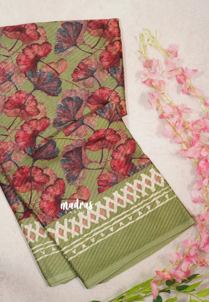 Olive Green - Baby Soft Butter Silk Saree with Floral Prints - Best for Daily Wear | Summer