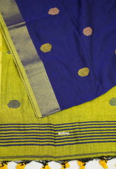 kannamma Handwoven Ballbutta linen Blue with yellow pallu