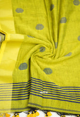 kannamma Handwoven Ballbutta linen Blue with yellow pallu