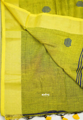 kannamma Handwoven Ballbutta linen Blue with yellow pallu