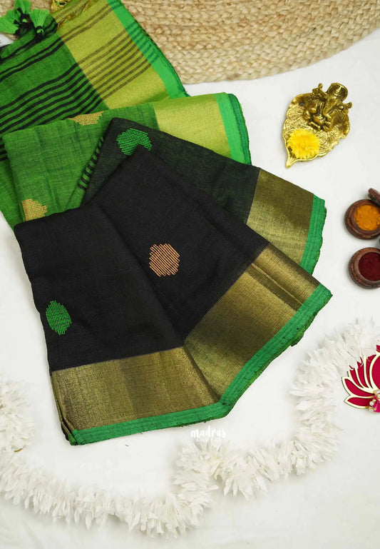 kannamma Handwoven Ballbutta linen Black with green pallu - Nayanthara award saree