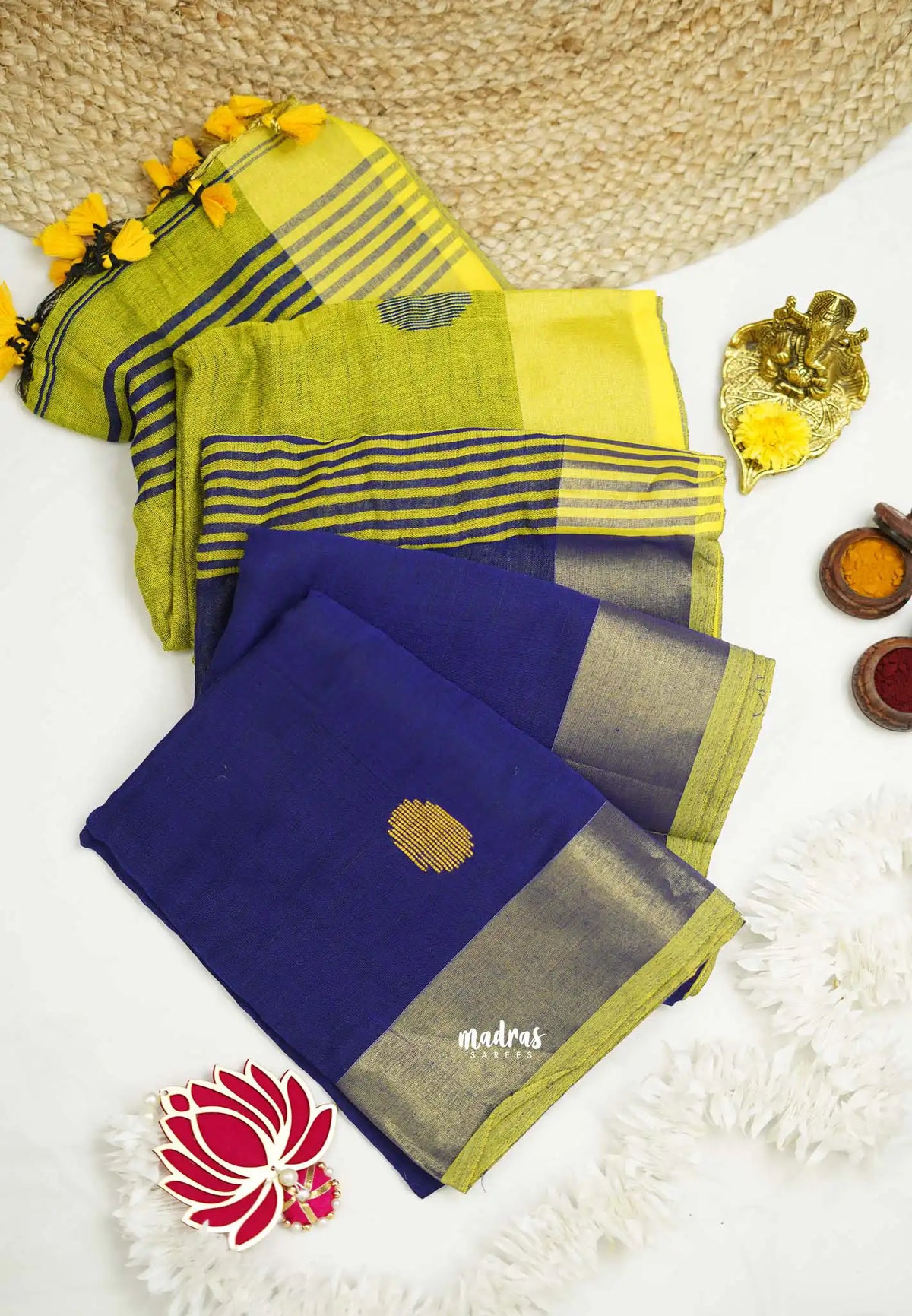 kannamma Handwoven Ballbutta linen Blue with yellow pallu