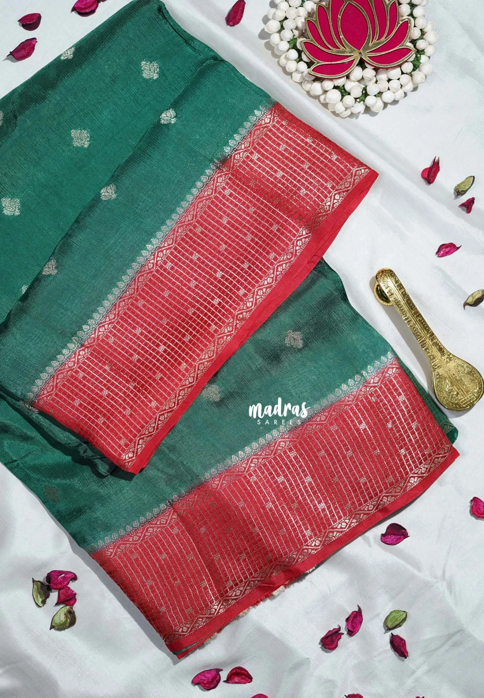 Classic Green - Durga - Banarasi Premium Viscose Silk Saree Checks in Border and Buttas - Best for Pooja Functions | Diwali Festive