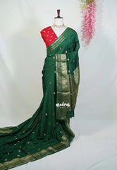 Emerald Green - Durga - Banarasi Premium Viscose Silk with Traditional Border and Buttas - Best for Wedding Functions