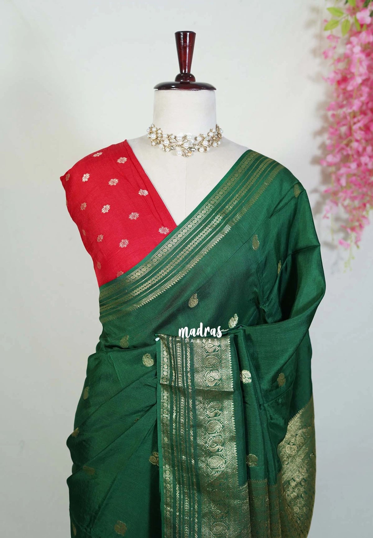Emerald Green - Durga - Banarasi Premium Viscose Silk with Traditional Border and Buttas - Best for Wedding Functions