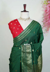 Emerald Green - Durga - Banarasi Premium Viscose Silk with Traditional Border and Buttas - Best for Wedding Functions
