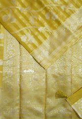 Greenish Yellow - Durga - Banarasi Semi Silk with Line Zari Weaving Body with Border - 🌸 Best for Simple Occasion