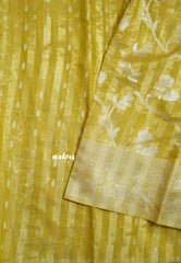 Greenish Yellow - Durga - Banarasi Semi Silk with Line Zari Weaving Body with Border - 🌸 Best for Simple Occasion