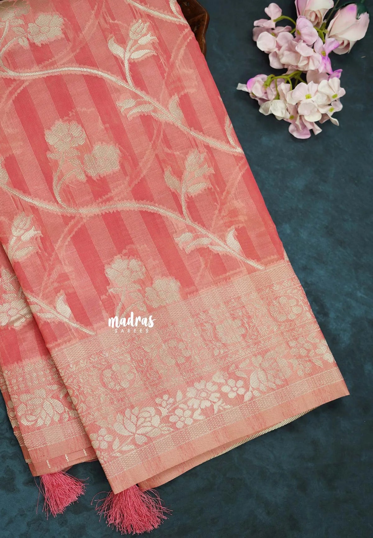 Peach Pink - Durga - Banarasi Semi Silk with Line Zari Weaving Body with Border - 🌸 Best for Simple Occasion