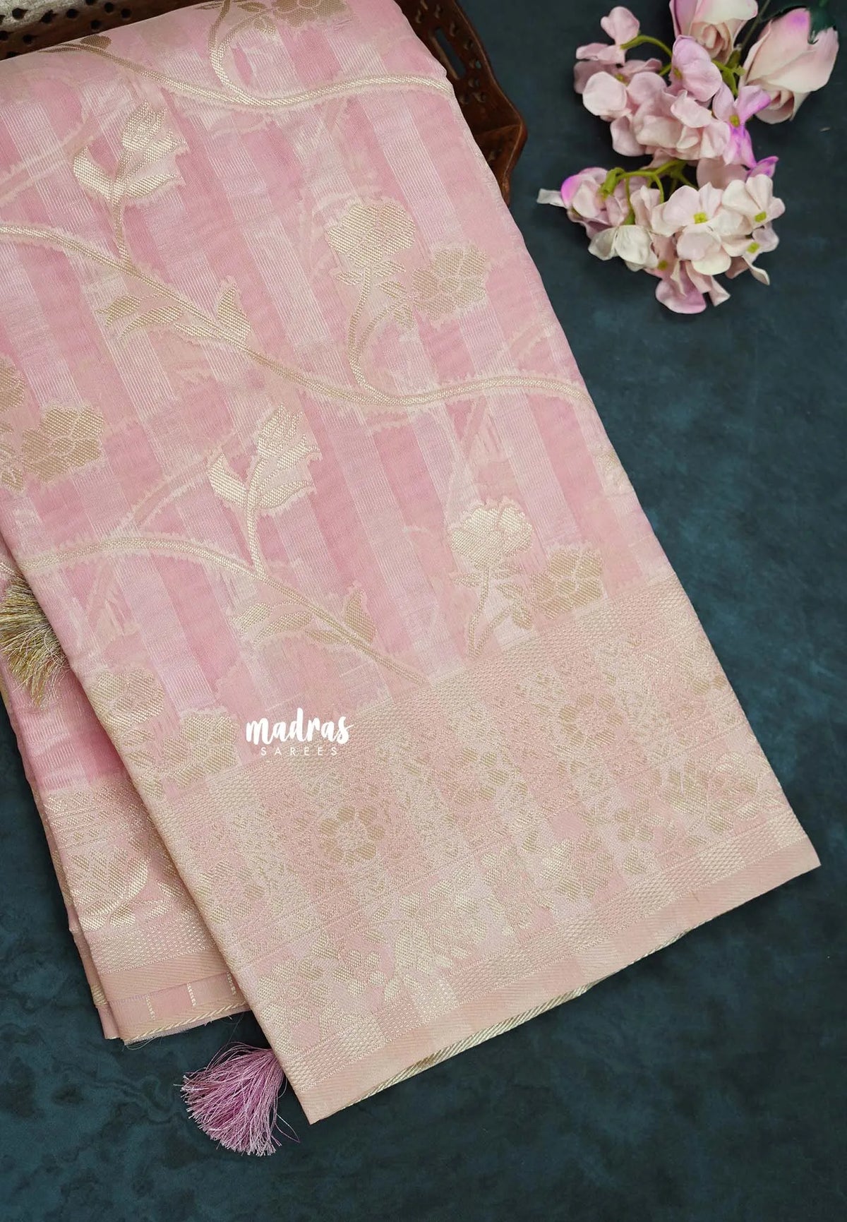 Pink - Durga - Banarasi Semi Silk with Line Zari Weaving Body with Border - 🌸 Best for Simple Occasion