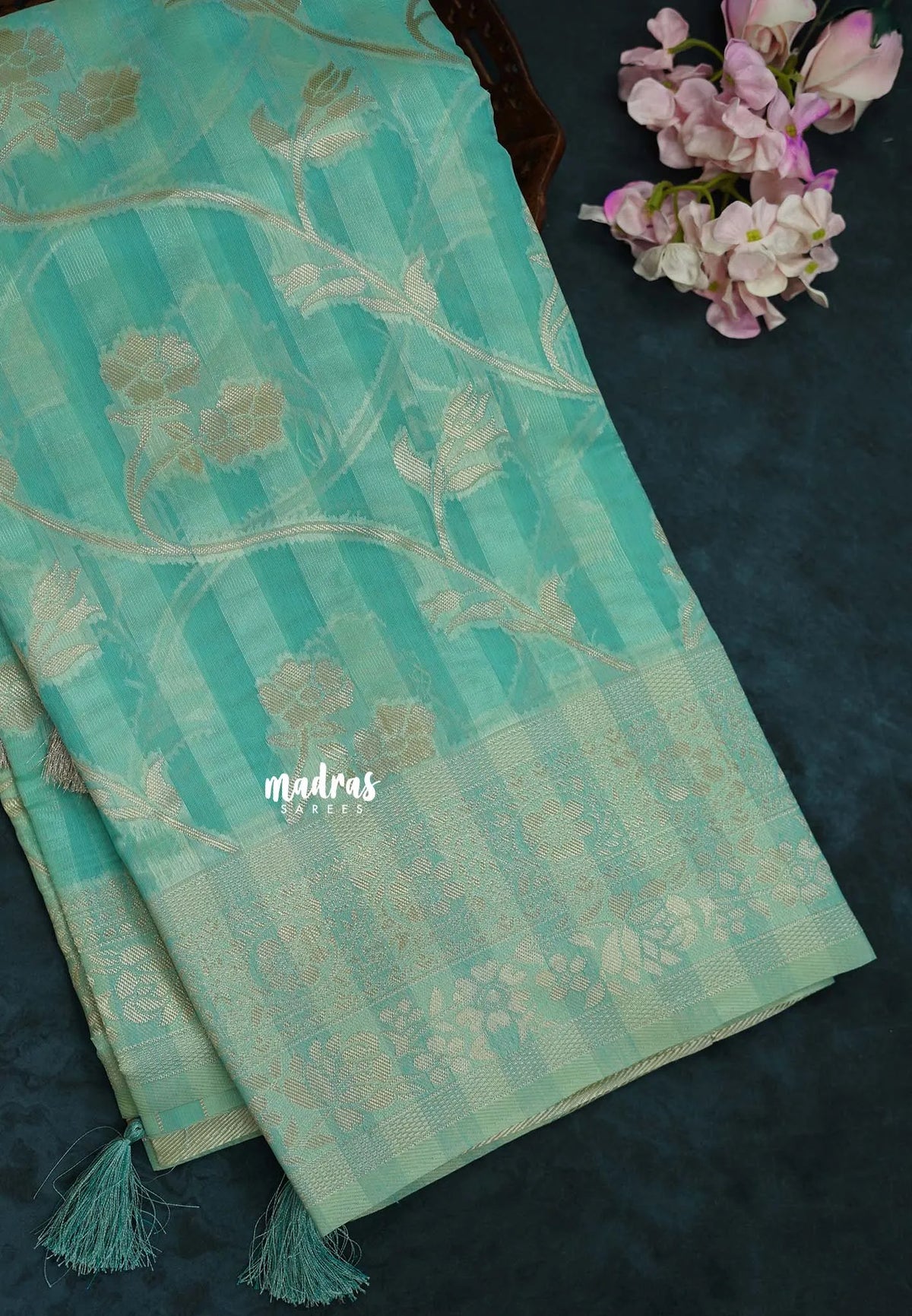 Pastel Teal Green - Durga - Banarasi Semi Silk with Line Zari Weaving Body with Border - 🌸 Best for Simple Occasion