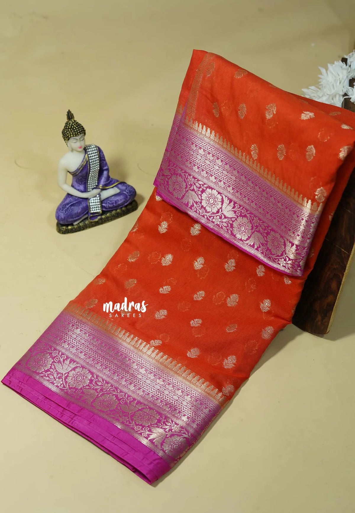 Sunset Bloom - Durga - Banarasi Soft Katan Silk Silver Zari and Gold Zari Border - Best for Function Wear